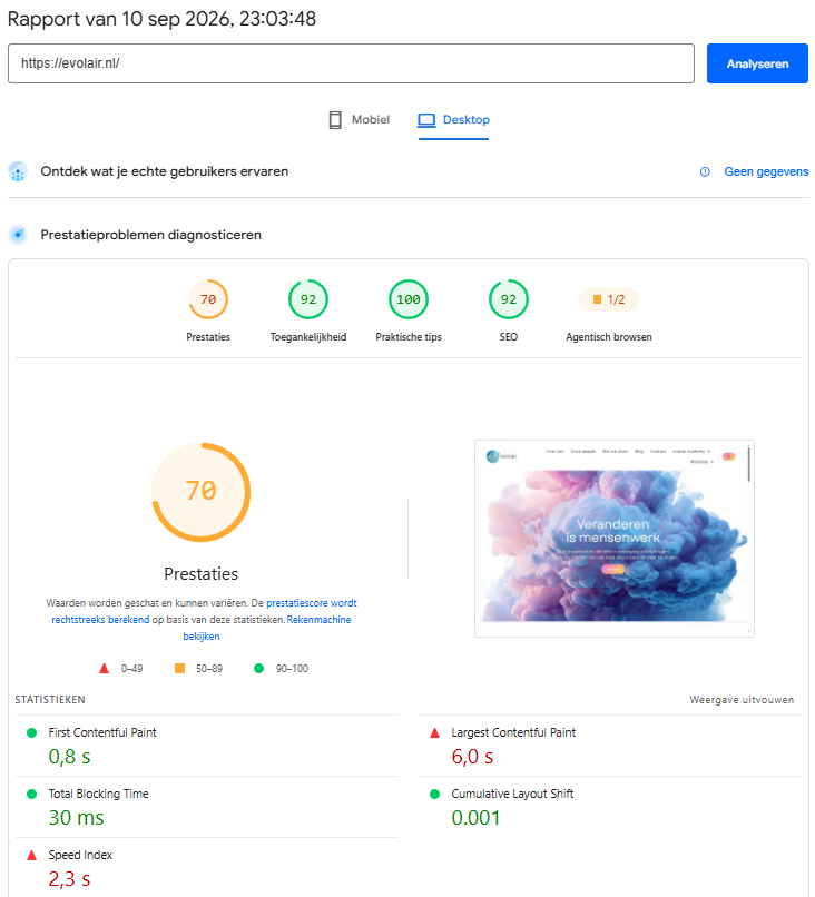 evolair desktop PageSpeed-rapport vóór optimalisatie, prestatiescore 70