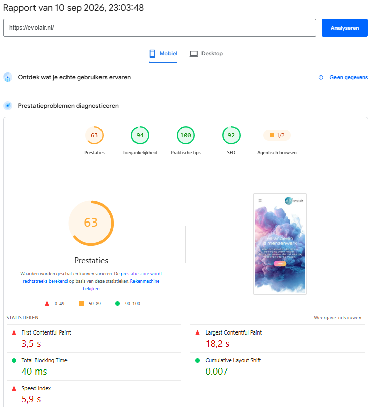 evolair mobiel PageSpeed-rapport vóór optimalisatie, prestatiescore 63