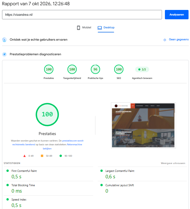 via andrea desktop PageSpeed-rapport na optimalisatie, prestatiescore 100