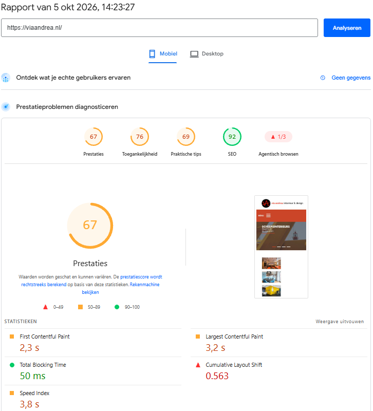 via andrea mobiel PageSpeed-rapport vóór optimalisatie, prestatiescore 67